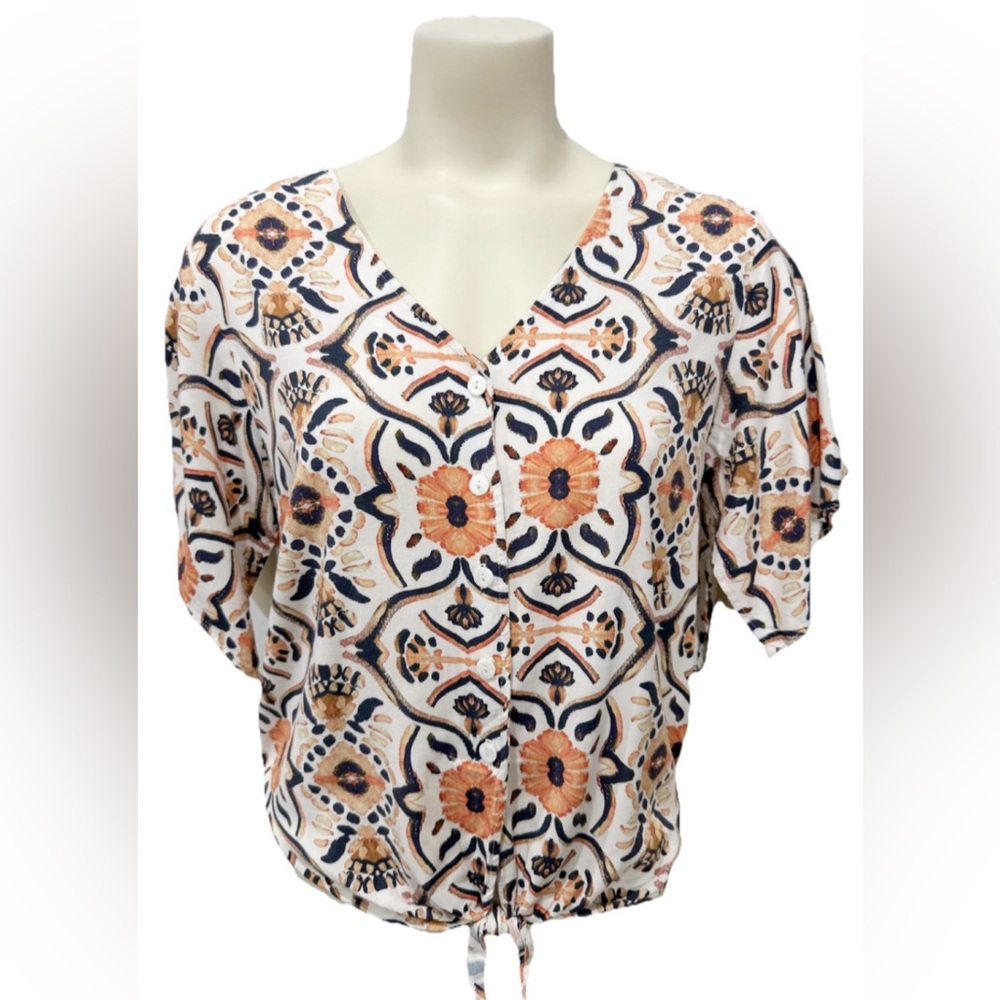 Shore Boho Floral Button Front Tie Hem Blouse Top | USA Made | M